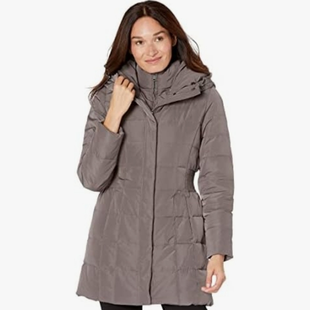 Cole Haan Women's Taffeta Down Coat with Bib Front and Dramatic Hood Size XS